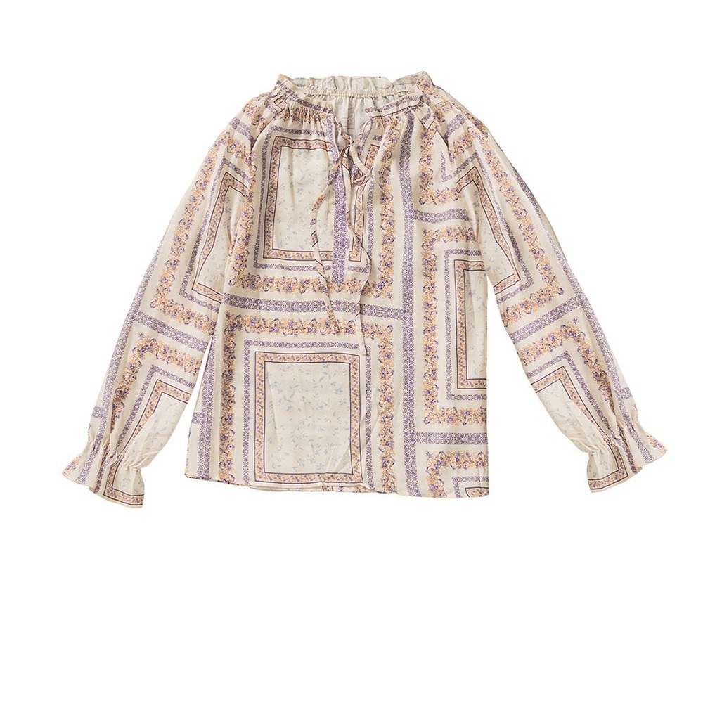 Beige V Neck Lantern Sleeve Drawstring Tribal
Print Top Bohemian Blouse - Picture 13 of 15